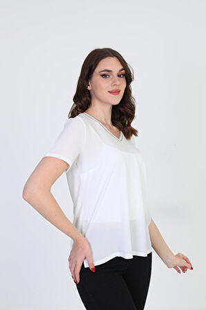 Ella Camelia Kadın Yaka İşlemeli Bluz 9E013 Ekru