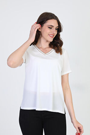 Ella Camelia Kadın Yaka İşlemeli Bluz 9E013 Ekru