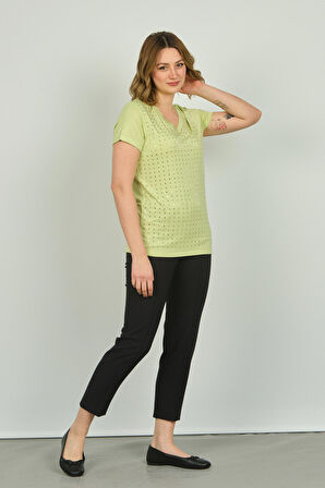 Ella Camelia Kadın Ön Kısım Parlak Taş İşlemeli V Yaka Kısa Kol Bluz 20E007 Limon