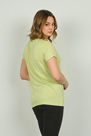 Ella Camelia Kadın Ön Kısım Parlak Taş İşlemeli V Yaka Kısa Kol Bluz 20E007 Limon