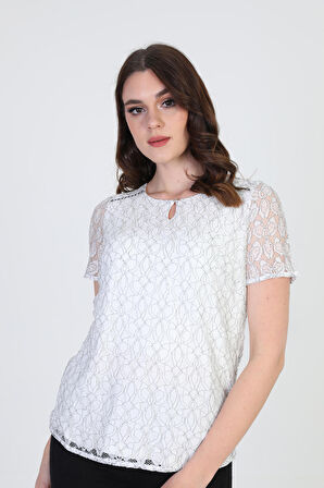 Ella Camelia Kadın Dantel Desenli Bluz 19E064 Ekru