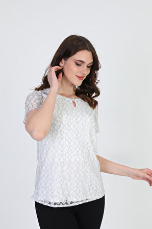 Ella Camelia Kadın Dantel Desenli Bluz 19E064 Ekru