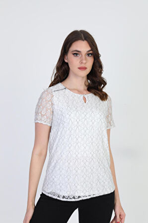 Ella Camelia Kadın Dantel Desenli Bluz 19E064 Ekru