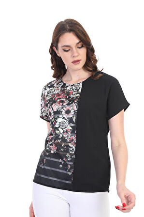 Ella Camelia Kadın Blok Desenli Transparan Detaylı Bluz 19E051 Siyah