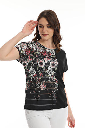 Ella Camelia Kadın Blok Desenli Transparan Detaylı Bluz 19E051 Siyah