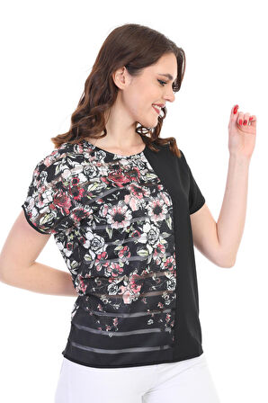 Ella Camelia Kadın Blok Desenli Transparan Detaylı Bluz 19E051 Siyah
