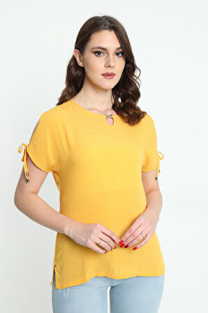 Ella Camelia Kadın Yaka ve Kol Detaylı Desenli Bluz 19E008 Sarı