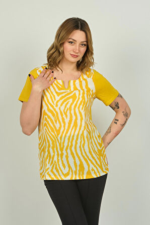 Ella Camelia Kadın Zebra Desenli Kısa Kol Bluz 20E016 Sarı