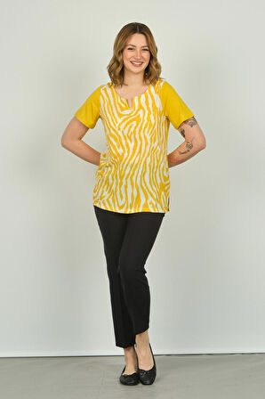 Ella Camelia Kadın Zebra Desenli Kısa Kol Bluz 20E016 Sarı