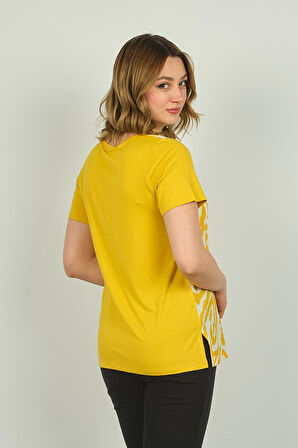 Ella Camelia Kadın Zebra Desenli Kısa Kol Bluz 20E016 Sarı