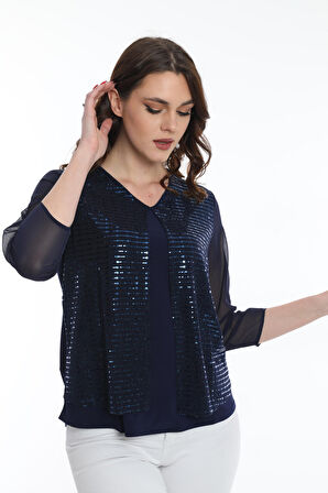 Ella Camelia Kadın Kolları Tül Detaylı Bluz 19E040 Lacivert