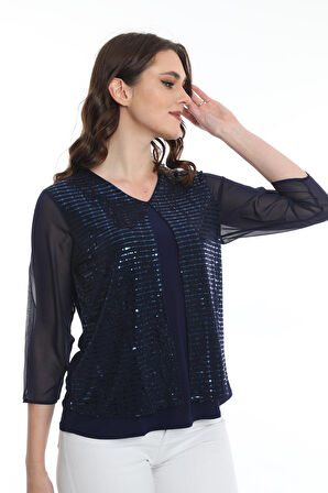 Ella Camelia Kadın Kolları Tül Detaylı Bluz 19E040 Lacivert