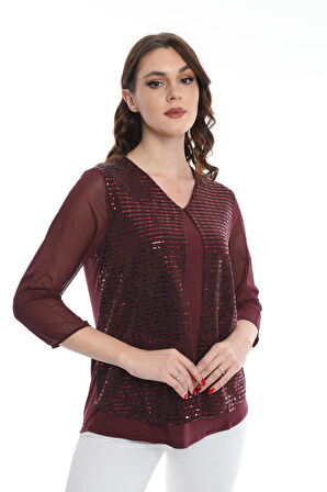 Ella Camelia Kadın Kolları Tül Detaylı Bluz 19E040 Bordo