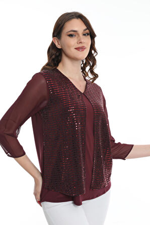 Ella Camelia Kadın Kolları Tül Detaylı Bluz 19E040 Bordo