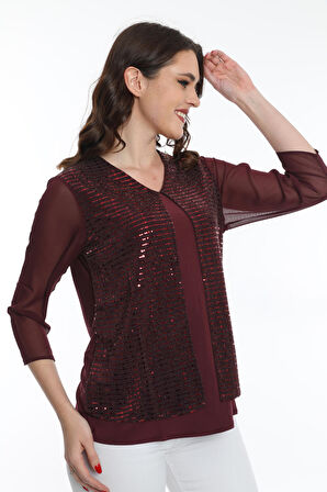 Ella Camelia Kadın Kolları Tül Detaylı Bluz 19E040 Bordo