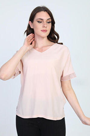 Ella Camelia Kadın Kol Ucu Dantel Detaylı Bluz 19E021 Pudra