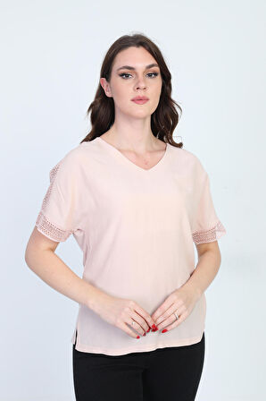 Ella Camelia Kadın Kol Ucu Dantel Detaylı Bluz 19E021 Pudra