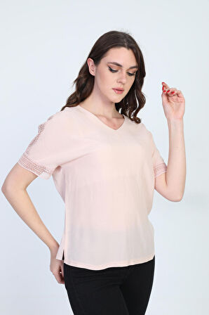 Ella Camelia Kadın Kol Ucu Dantel Detaylı Bluz 19E021 Pudra