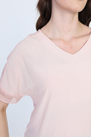 Ella Camelia Kadın Kol Ucu Dantel Detaylı Bluz 19E021 Pudra