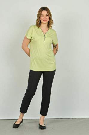 Ella Camelia Kadın Fermuarlı Kısa Kol Bluz 20E038 Limon