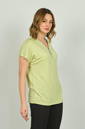 Ella Camelia Kadın Fermuarlı Kısa Kol Bluz 20E038 Limon