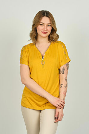 Ella Camelia Kadın Fermuarlı Kısa Kol Bluz 20E038 Hardal