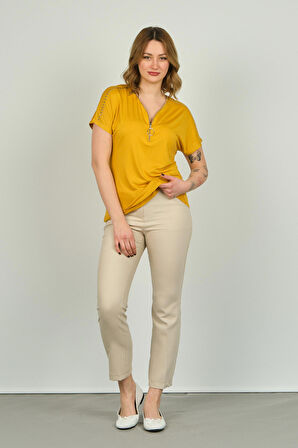 Ella Camelia Kadın Fermuarlı Kısa Kol Bluz 20E038 Hardal