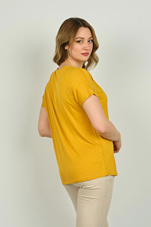Ella Camelia Kadın Fermuarlı Kısa Kol Bluz 20E038 Hardal