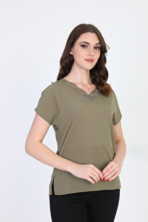 Ella Camelia Kadın Yakası Dantel Detaylı Bluz 20E020 Haki