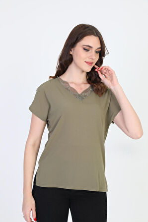 Ella Camelia Kadın Yakası Dantel Detaylı Bluz 20E020 Haki