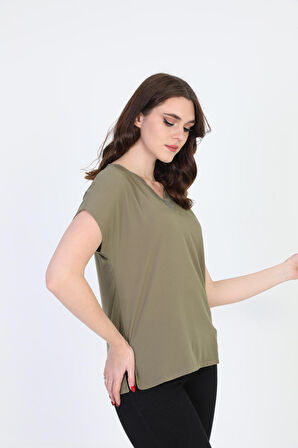 Ella Camelia Kadın Yakası Dantel Detaylı Bluz 20E020 Haki