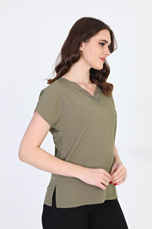 Ella Camelia Kadın Yakası Dantel Detaylı Bluz 20E020 Haki