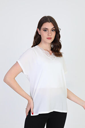 Ella Camelia Kadın Yakası Dantel Detaylı Bluz 20E020 Ekru
