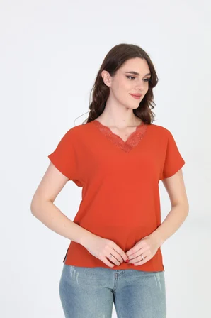 Ella Camelia Kadın Yakası Dantel Detaylı Bluz 20E020 Kiremit
