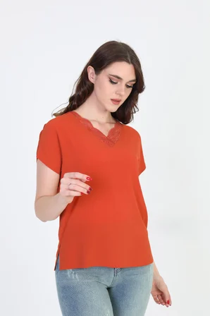 Ella Camelia Kadın Yakası Dantel Detaylı Bluz 20E020 Kiremit