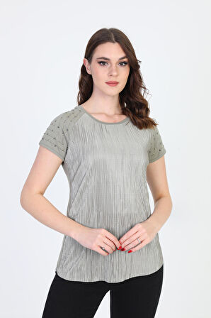 Ella Camelia Kadın Omzu Taş Detaylı Desenli Bluz 18E013 Haki