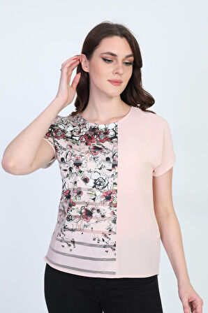 Ella Camelia Kadın Blok Desenli Transparan Detaylı Bluz 19E051 Pudra