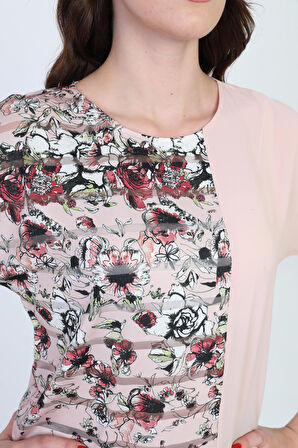 Ella Camelia Kadın Blok Desenli Transparan Detaylı Bluz 19E051 Pudra