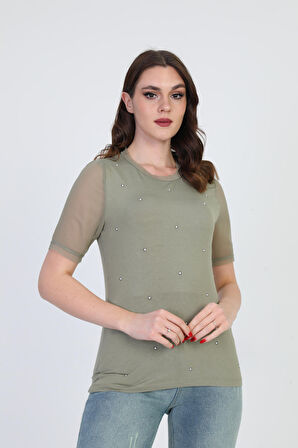 Ella Camelia Kadın Taş Detaylı Bluz 19E056 Haki