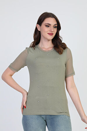 Ella Camelia Kadın Taş Detaylı Bluz 19E056 Haki
