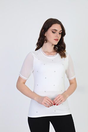 Ella Camelia Kadın Taş Detaylı Bluz 19E056 Ekru