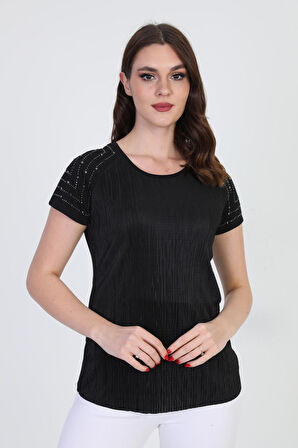 Ella Camelia Kadın Omzu Taş Detaylı Desenli Bluz 18E013 Siyah