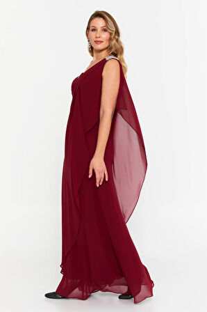 Şeref Vural Kadın Büyük Beden Kolsuz Taş Detaylı Uzun Abiye Elbise 6671 Bordo