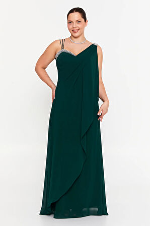 Şeref Vural Kadın Büyük Beden Kolsuz Taş Detaylı Uzun Abiye Elbise 6671 Nefti