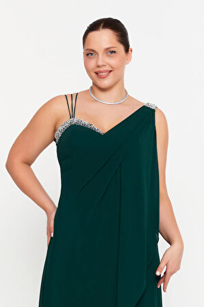 Şeref Vural Kadın Büyük Beden Kolsuz Taş Detaylı Uzun Abiye Elbise 6671 Nefti