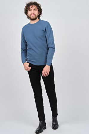 Çizgi Triko Erkek Bisiklet Yaka Slim Fit Kazak 42554259 Mavi