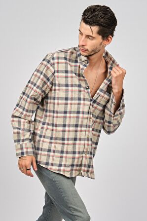 De Leone Erkek Çizgili Uzun Kollu Yün Apre Gömlek 0171101 Bej