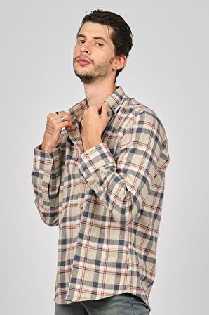 De Leone Erkek Çizgili Uzun Kollu Yün Apre Gömlek 0171101 Bej