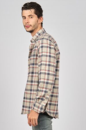 De Leone Erkek Çizgili Uzun Kollu Yün Apre Gömlek 0171101 Bej