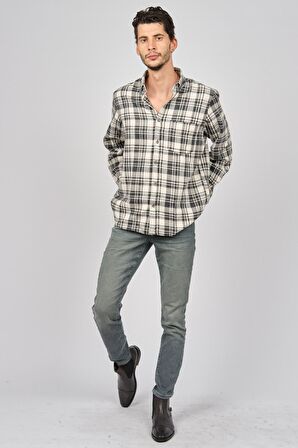 De Leone Erkek Çizgili Uzun Kollu Yün Apre Gömlek 0171102 Ekru